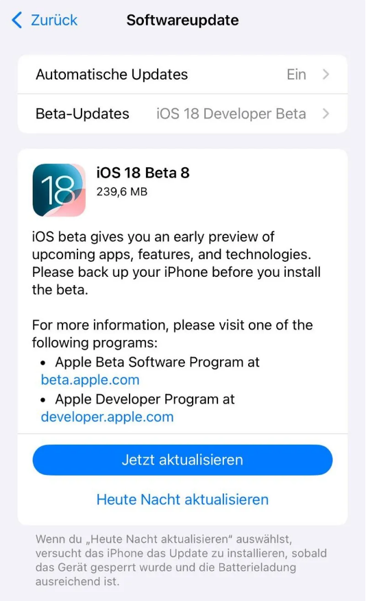 获嘉苹果手机维修分享苹果 iOS / iPadOS 18 开发者预览版 Beta 8 发布 